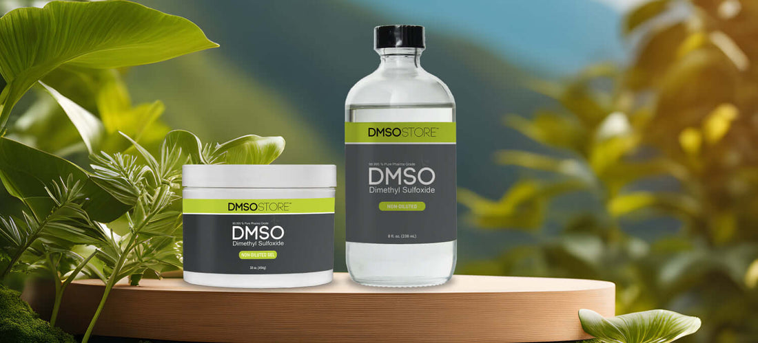 DMSO (Dimethyl Sulfoxide) Liquid in Bottle and Gel in Jar displayed on a table with lush green foliage in the background, promoting a natural health product line.