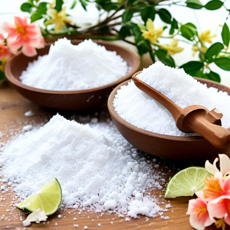 Bowls of citric acid accompanied by lime wedges and flowers on a wooden surface