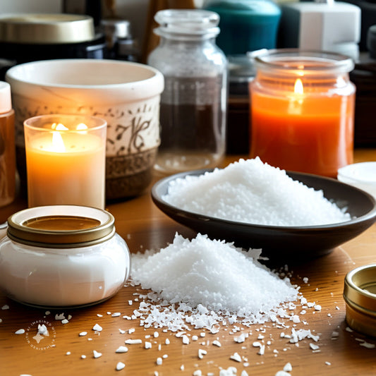 Stearic acid crystals in a decorative bowl on wooden surface,with candle burning