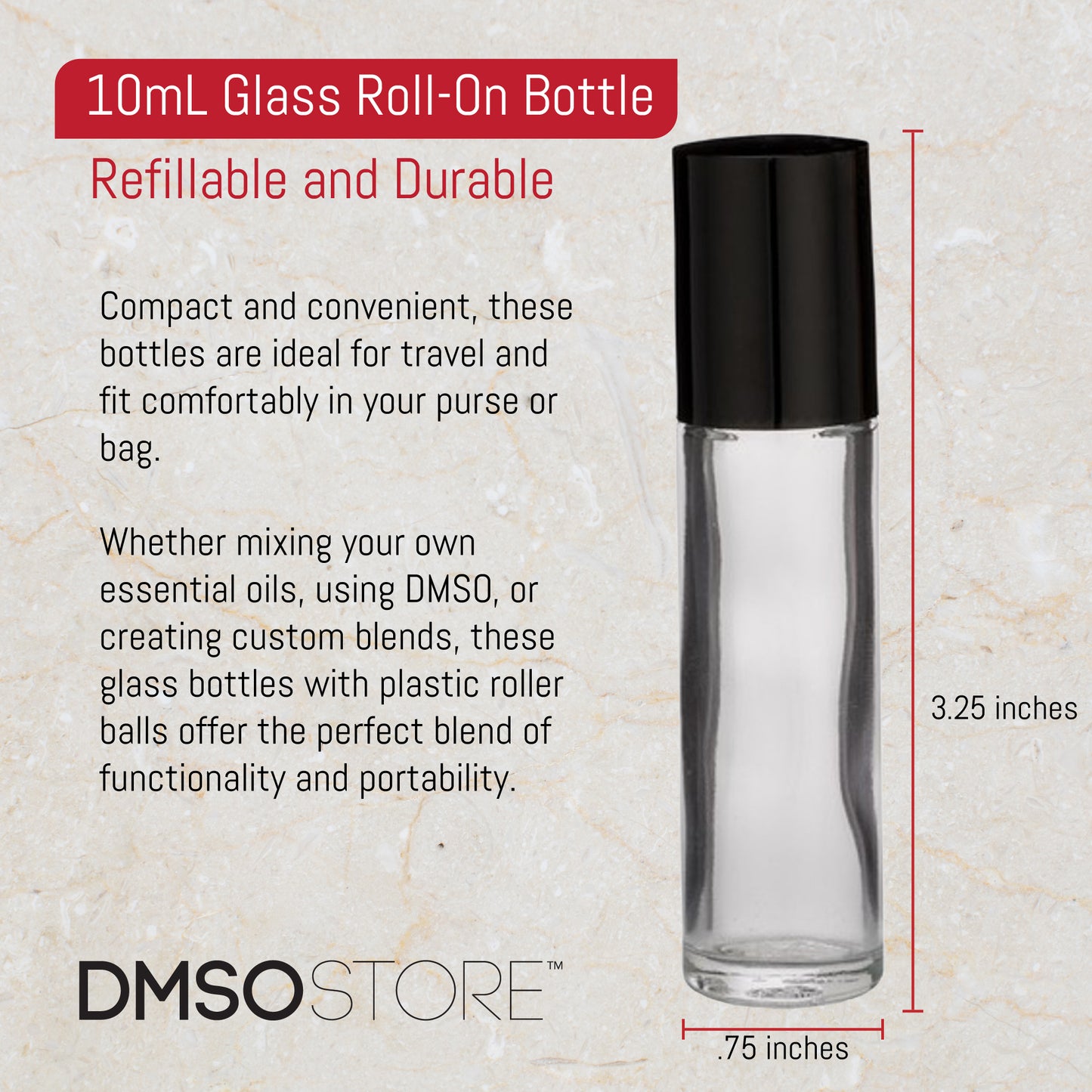 Refillable 10ML Glass Roll on bottle| Plastic Roller Ball 12 ct.