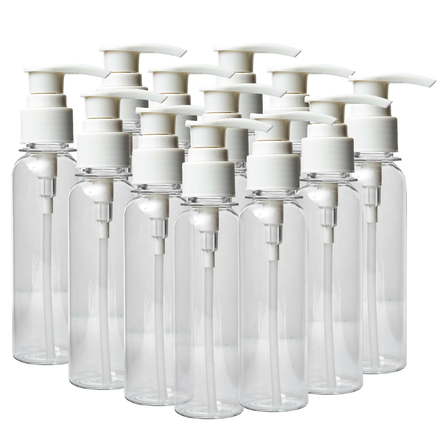 12 count 4 oz Clear PET Cosmo Plastic Bottle with White Pump Top