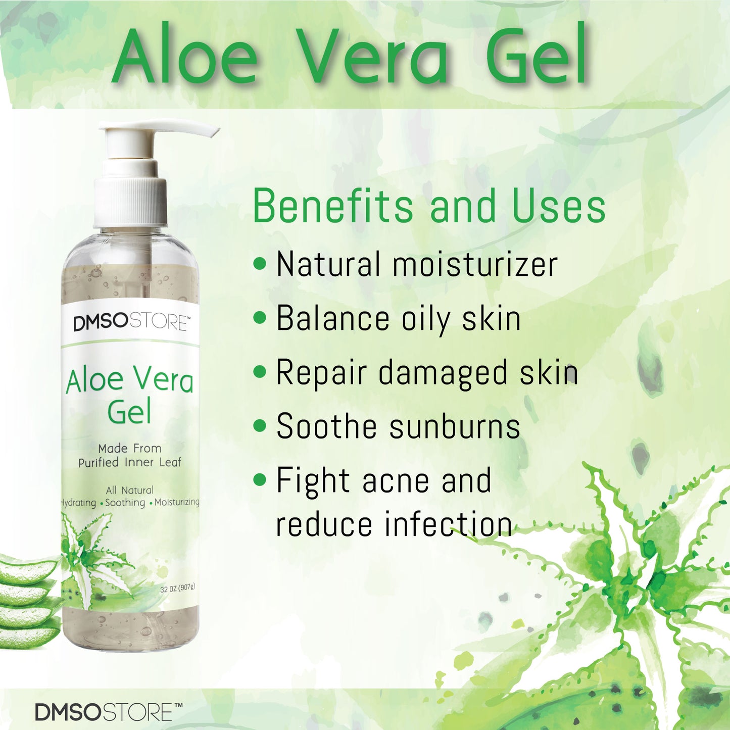 100% Pure Aloe Vera Gel Organic Soothing Skin Moisturizer Alcohol free 32 oz.