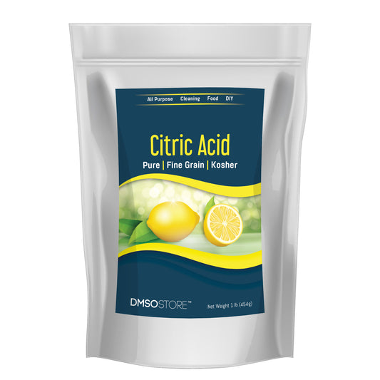 1 package of pure, fine grain, kosher citric acid powder suitable for multiple purposes including cleaning, food preparation, and DIY projects, featuring an image of fresh lemons and the net weight of 1 lb.