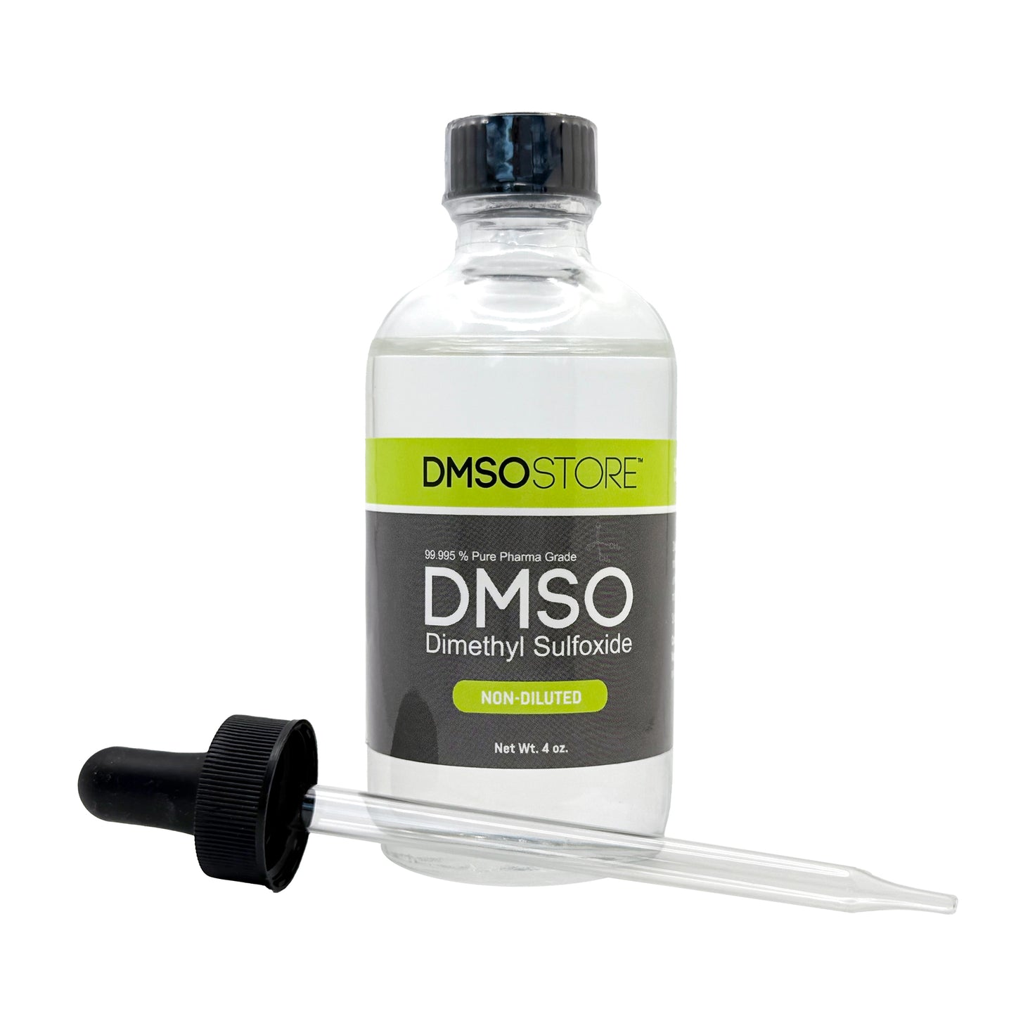 Liquid Dimethyl Sulfoxide 4 oz. Glass Bottle With Dropper Non-diluted 99.995% Low Odor Pharma Grade