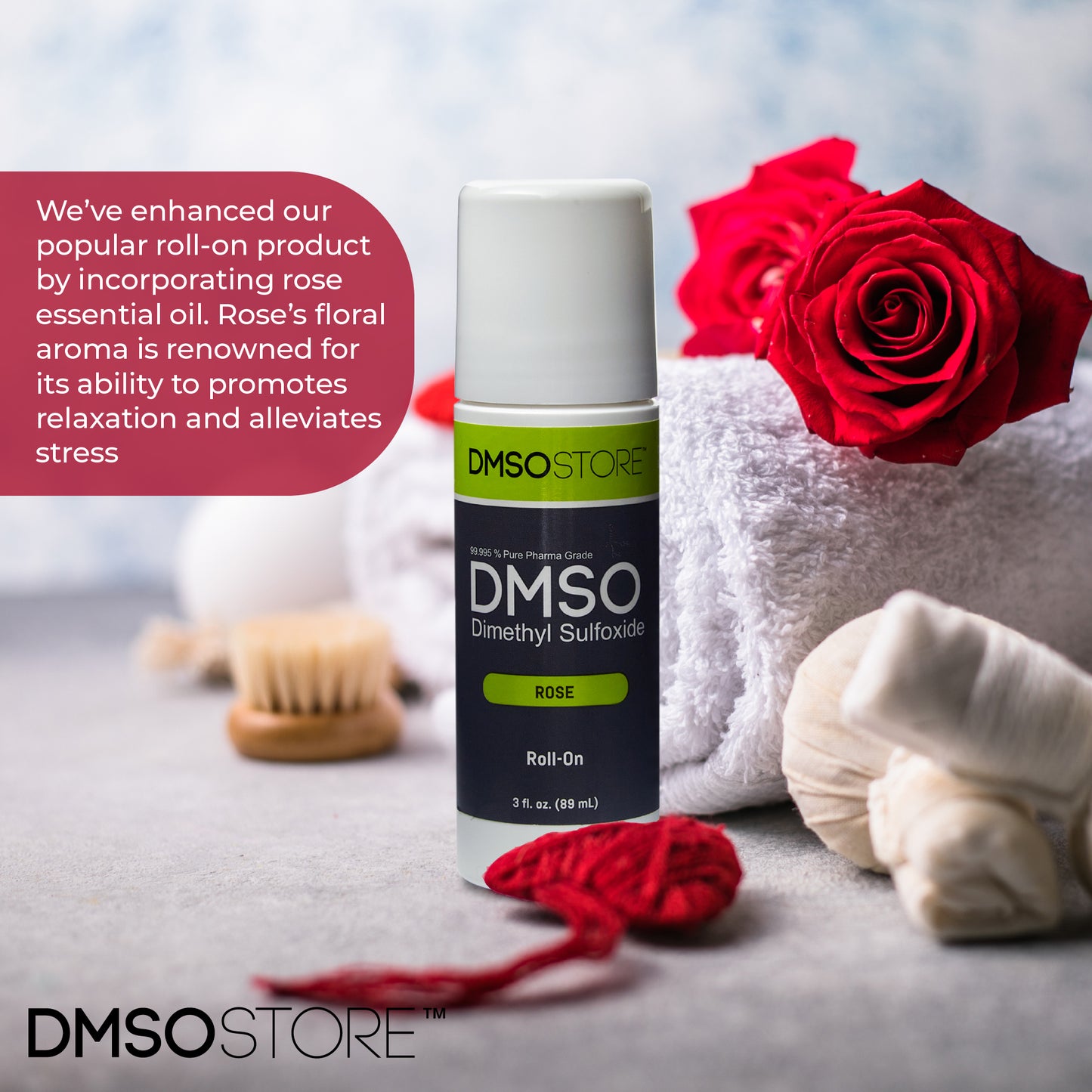 Enjoy the calming scent of rose with Pharma Grade DMSO in a convenient 3-oz roll-on. It provides soothing relief and ships free. Get your DMSO roll-on now!