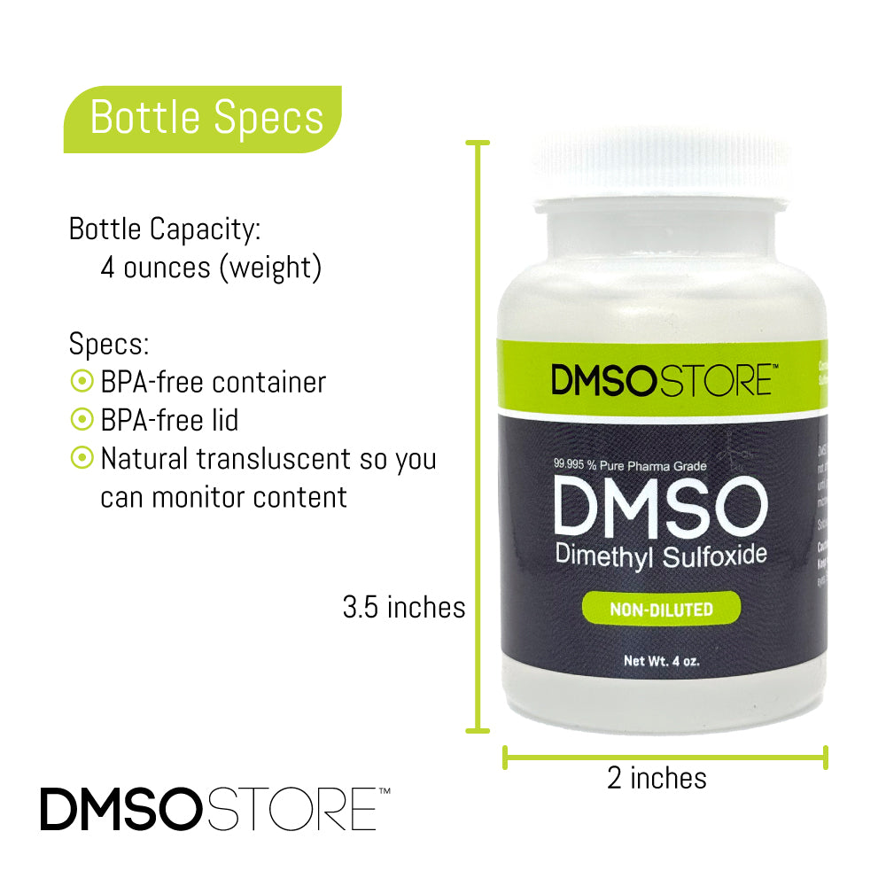 High-quality, 4oz undiluted DMSO liquid is perfect for pain relief and skin health. It is low odor and BPA-free. DMSO Store is your trusted store. Shop now!