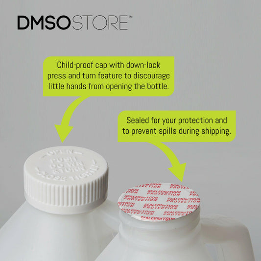 DMSO 1 gal pharma grade 99.995% purity in child-resistant BPA-free bottle, sealed to prevent leaks