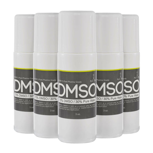 Potent odorless solvent DMSO 70% solution, versatile application in labs, industries and hobbies. 3oz bottle for easy storage and handling. Highly pure pharmaceutical grade dimethyl sulfoxide formulation with 30% deionized water - trusted for your needs. Buy now from a reputable supplier to experience the power of this remarkable universal solvent. five bottles. 5 bottles.