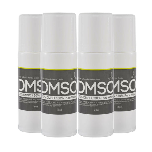 Potent odorless solvent DMSO 70% solution, versatile application in labs, industries and hobbies. 3oz bottle for easy storage and handling. Highly pure pharmaceutical grade dimethyl sulfoxide formulation with 30% deionized water - trusted for your needs. Buy now from a reputable supplier to experience the power of this remarkable universal solvent.  four bottles. 4 bottles