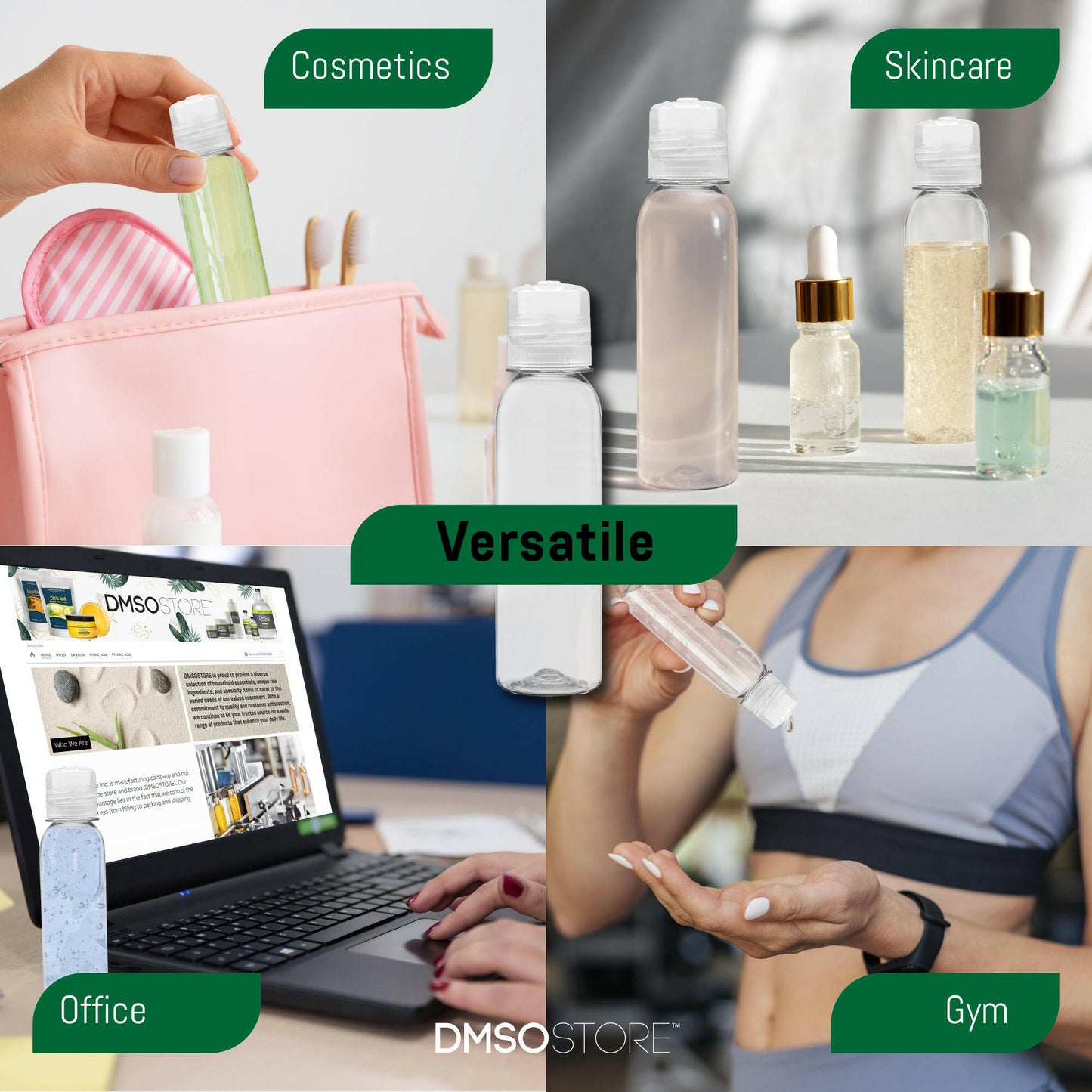 ingographic of 4 oz Clear PET Cosmo Plastic Bottle with Clear Twist Top Cap uses. Office, cosmetics, skincare, gym.