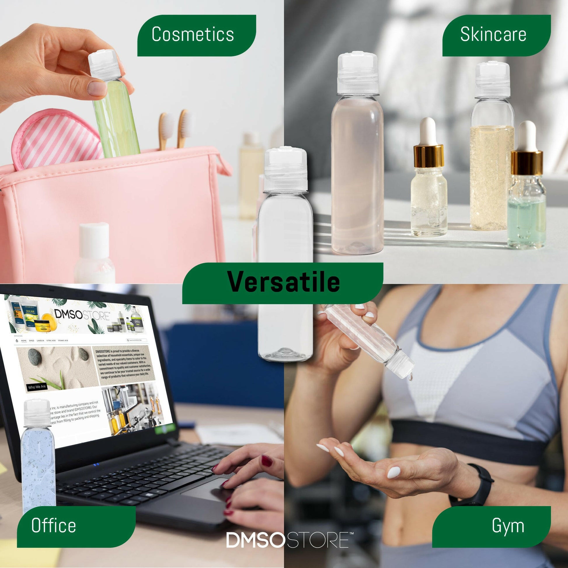 ingographic of 4 oz Clear PET Cosmo Plastic Bottle with Clear Twist Top Cap uses. Office, cosmetics, skincare, gym.