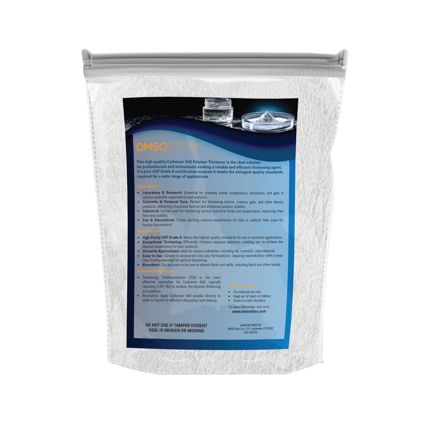 White bag with a blue label on a white background, DMSO Store