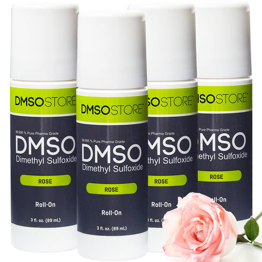 3-oz Rose DMSO roll-ons blend pure Dimethyl Sulfoxide with rose oil to neutralize odor. They are BPA-free and ship free.