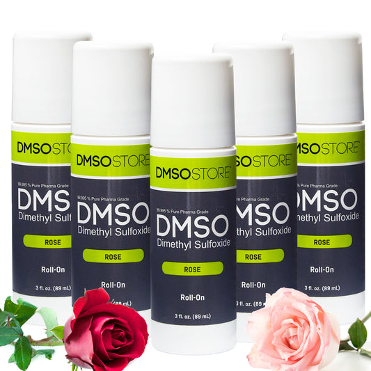 3-oz Rose DMSO roll-ons blending pure Dimethyl Sulfoxide with rose oil to neutralize odor. BPA-free, free shipping.