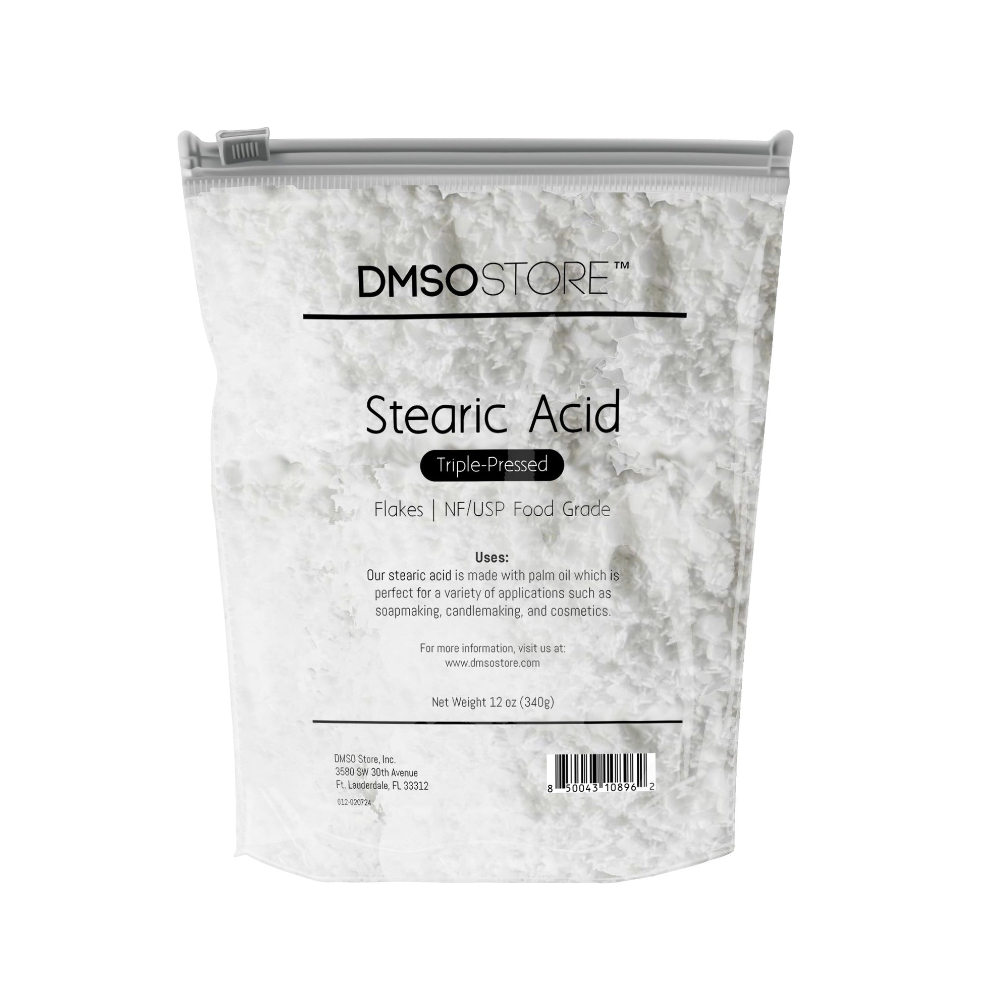 12 oz. DMSO Store brand Stearic Acid flakes, triple-pressed and NF/USP food grade, for soap making, candle making, and cosmetics. 