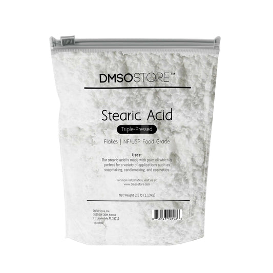 2.5 lb DMSO Store brand Stearic Acid flakes, triple-pressed and NF/USP food grade, for soap making, candle making, and cosmetics.