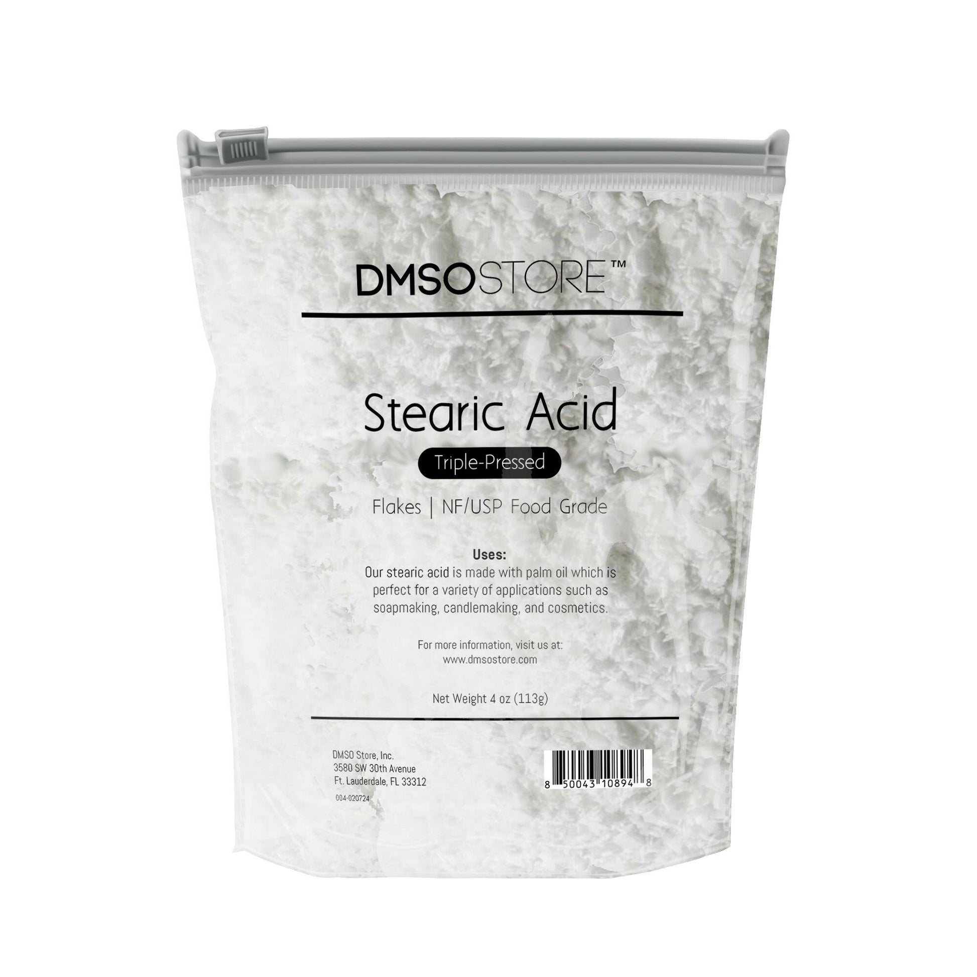 4 oz. DMSO Store brand Stearic Acid flakes, triple-pressed and NF/USP food grade, for soap making, candle making, and cosmetics.