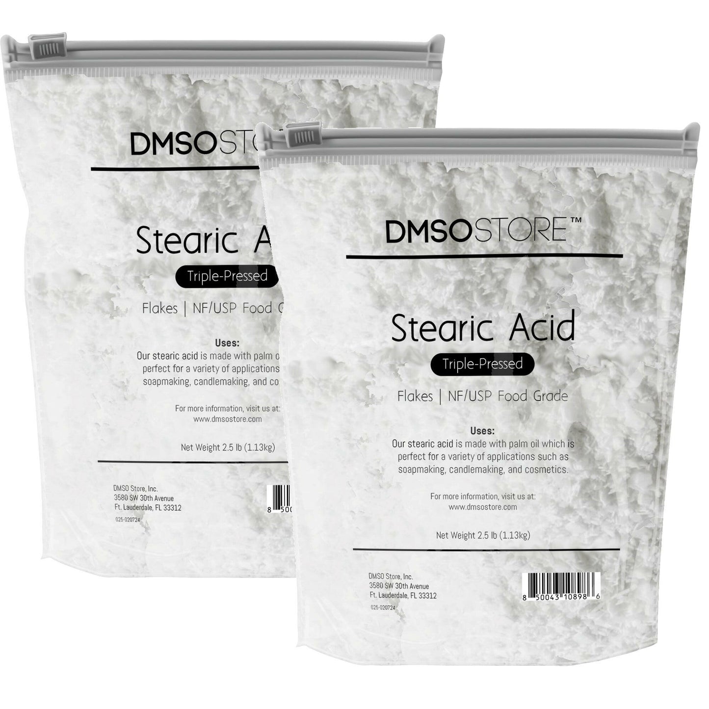 5 lb. DMSO Store brand Stearic Acid flakes, triple-pressed and NF/USP food grade, for soap making, candle making, and cosmetics.