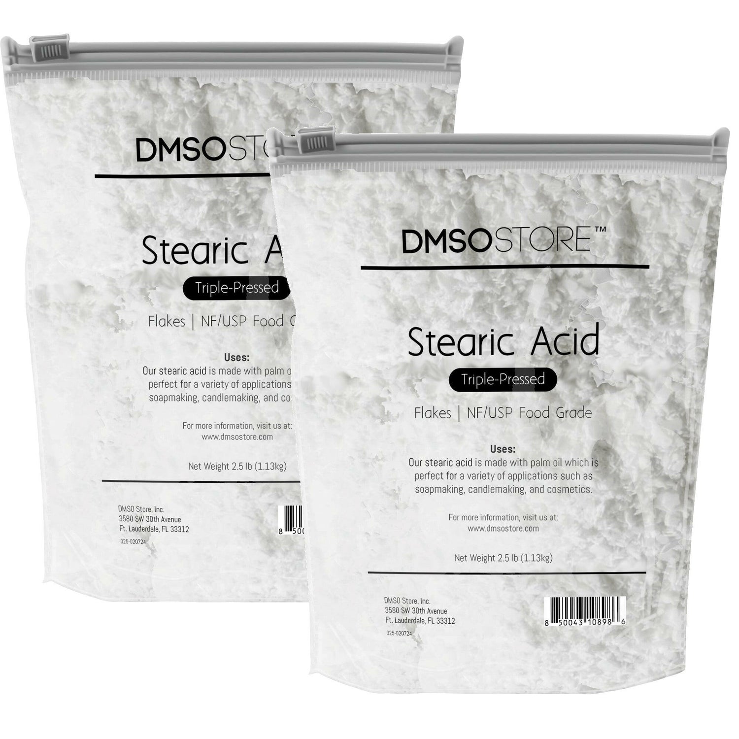 5 lb. DMSO Store brand Stearic Acid flakes, triple-pressed and NF/USP food grade, for soap making, candle making, and cosmetics.