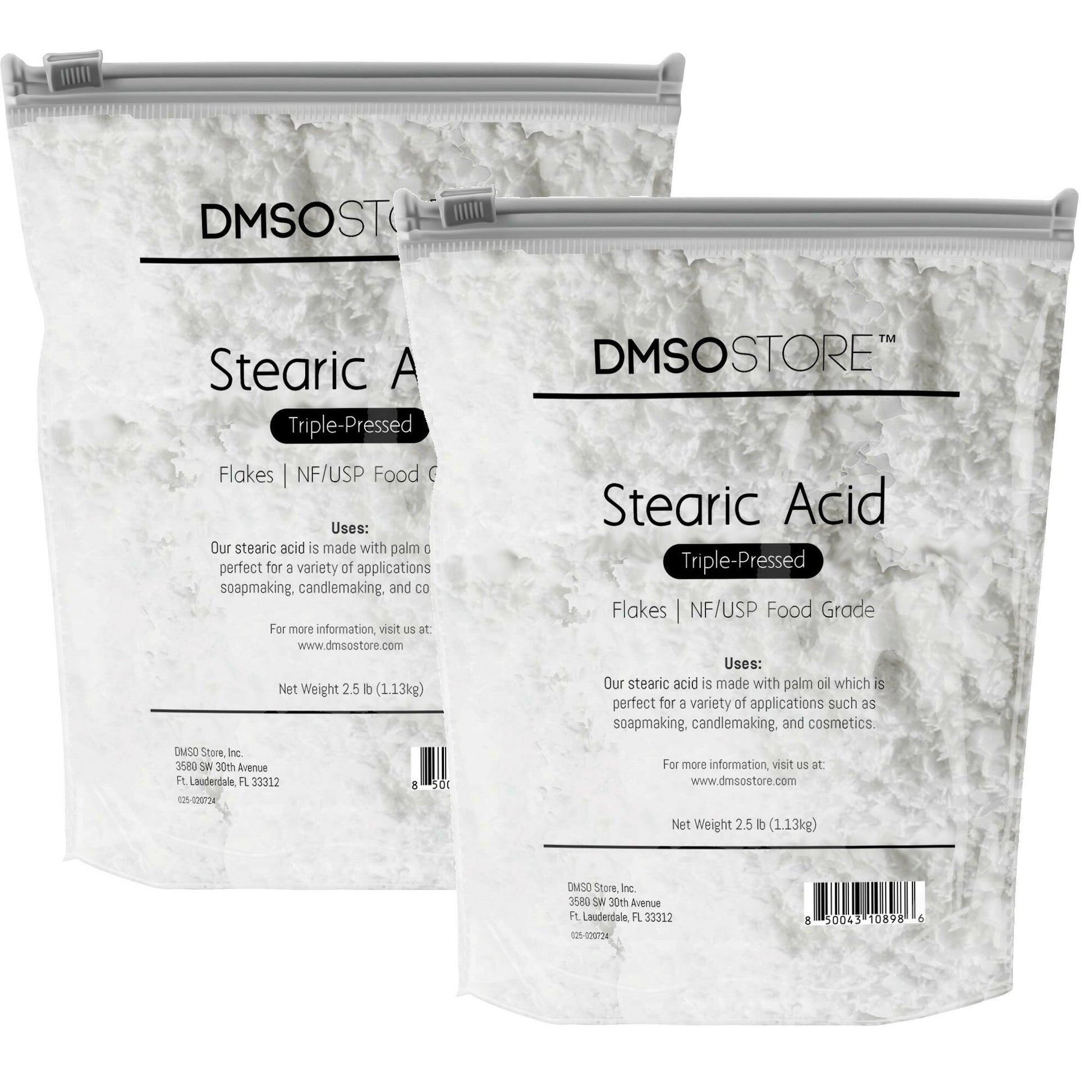 5 lb. DMSO Store brand Stearic Acid flakes, triple-pressed and NF/USP food grade, for soap making, candle making, and cosmetics.