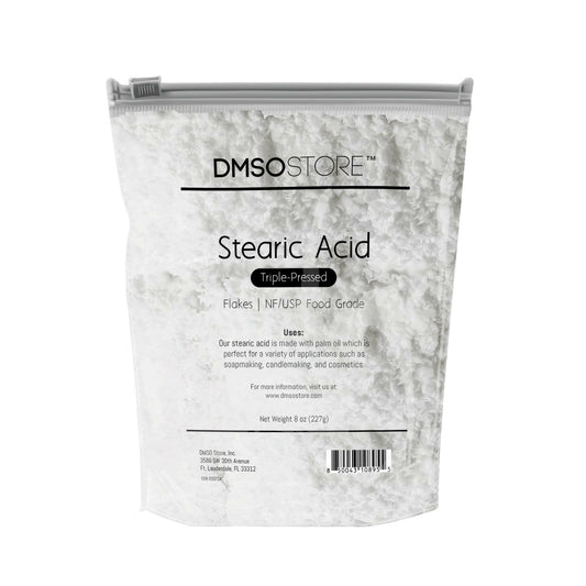 8 oz. DMSO Store brand Stearic Acid flakes, triple-pressed and NF/USP food grade, for soap making, candle making, and cosmetics.