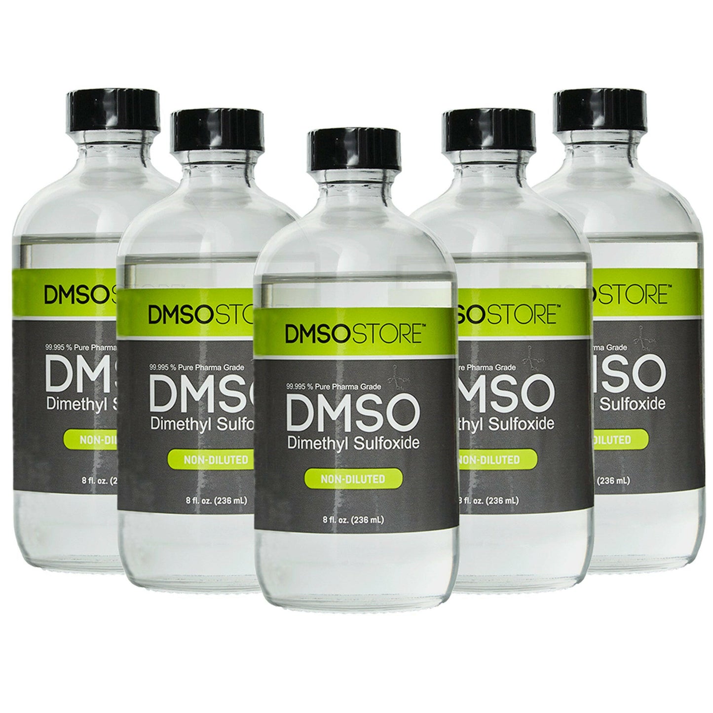 DMSO Liquid 99.995-8oz.-dropper-non-diluted-dimethyl-sulfoxide-natural-acne-buy-5-pack. 5 8 oz glass bottles with Black twist on cap attached to bottle. Label reads 99.995% Pure pharma Grade DMSO (Dimethyl Sulfoxide) 8oz.