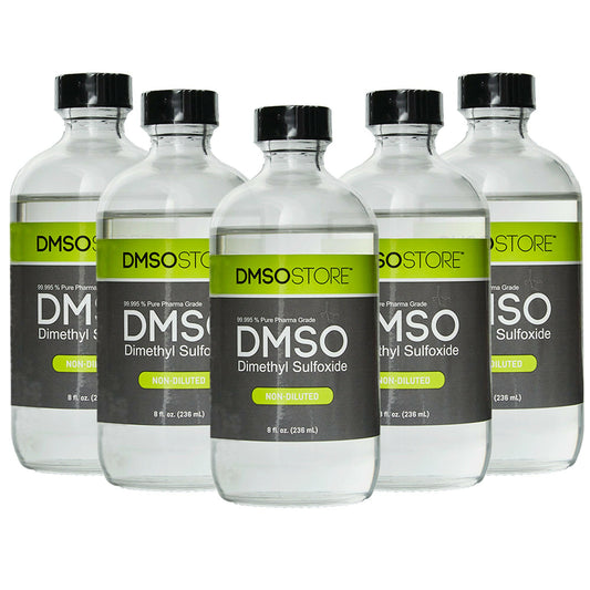 DMSO Liquid 99.995-8oz.-dropper-non-diluted-dimethyl-sulfoxide-natural-acne-buy-5-pack. 5 8 oz glass bottles with Black twist on cap attached to bottle. Label reads 99.995% Pure pharma Grade DMSO (Dimethyl Sulfoxide) 8oz.