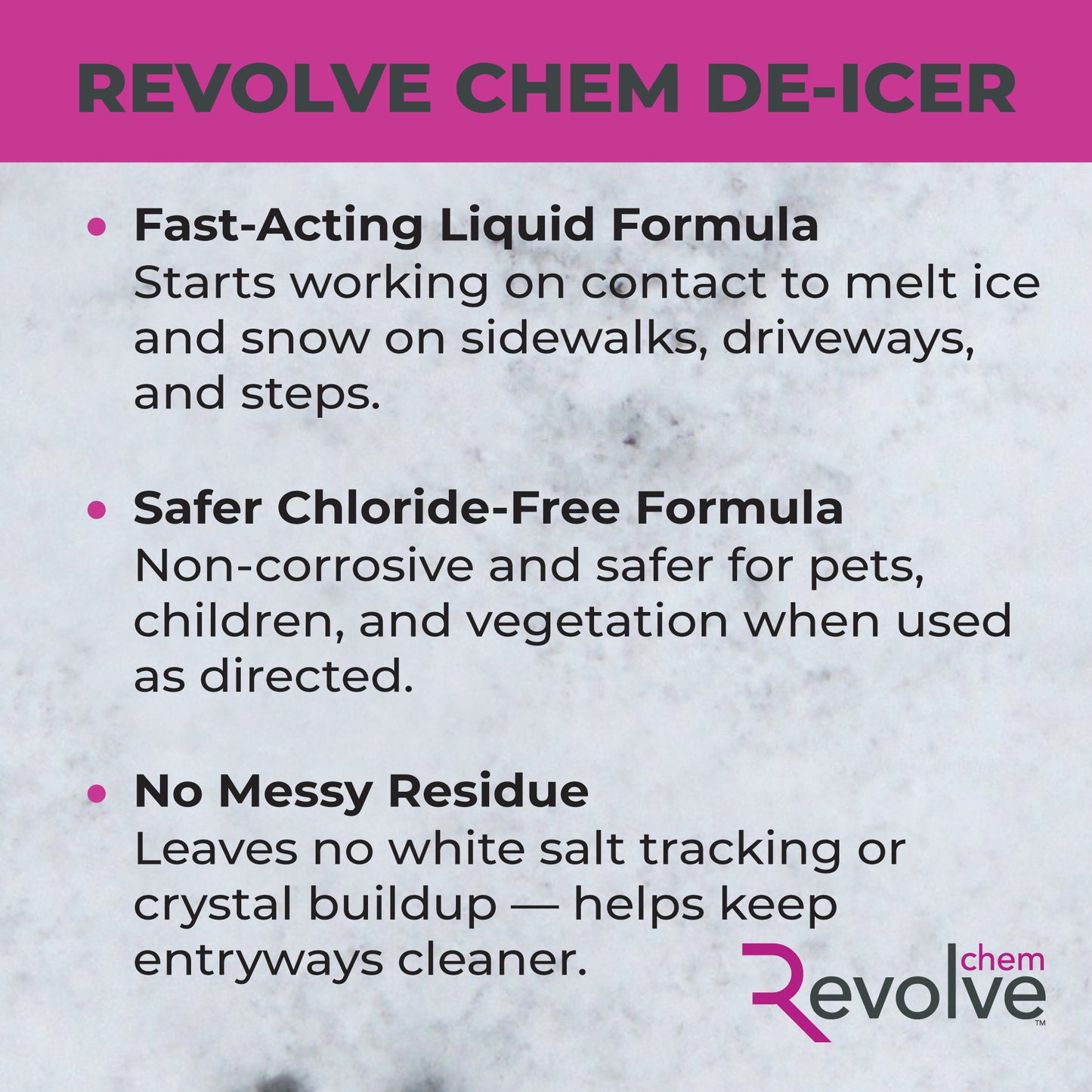 Card: Revolve Chem de-icer, with text about its features on a snowy background.