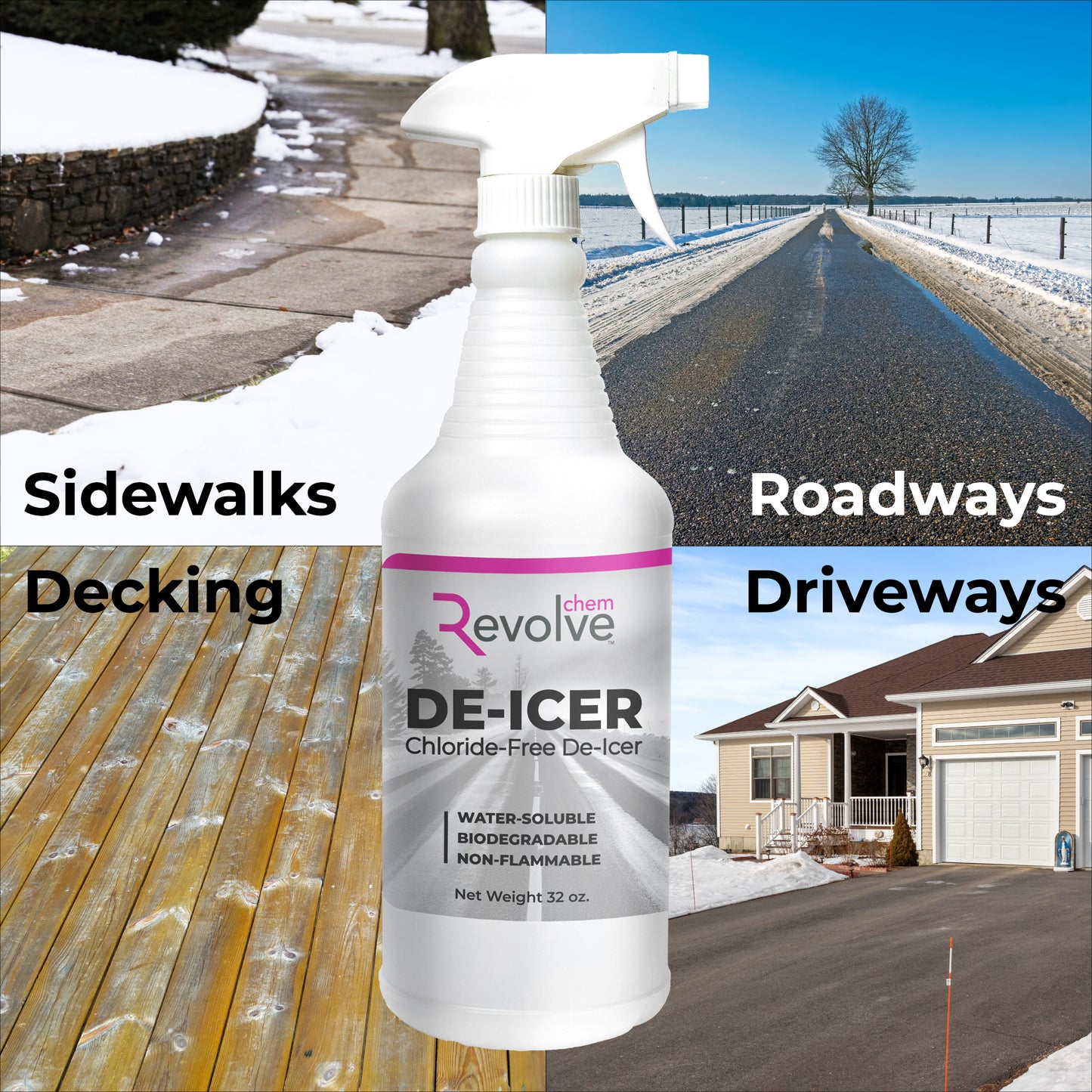 DE-ICER 32oz Spray Bottle | Chloride Free De-Icer on different surfaces