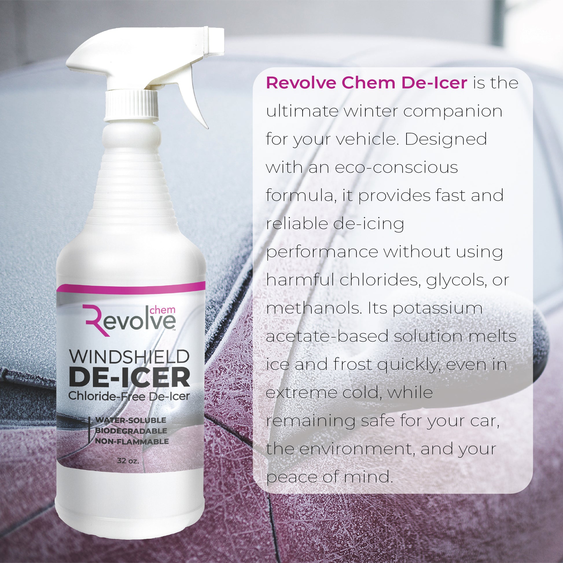 Ultimate winter de-icer! Revolve Chem melts ice fast at -25°F. Non-corrosive, biodegradable, perfect for windshields & washer fluid. Get clear views.