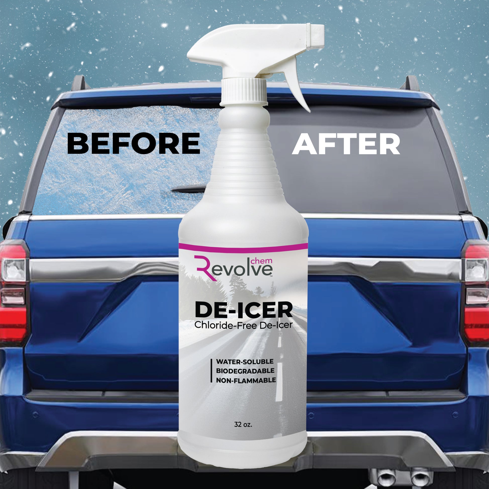 Ultimate winter de-icer! Revolve Chem melts ice fast at -25°F. Non-corrosive, biodegradable, perfect for windshields & washer fluid. Get clear views.