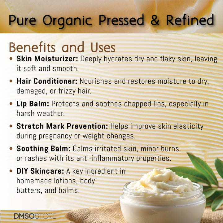 Pamper skin and hair with the DMSO Store's organic and refined shea butter. Rich in vitamins, it is sensitive, skin-friendly, and ideal for DIY. It is ethically sourced.