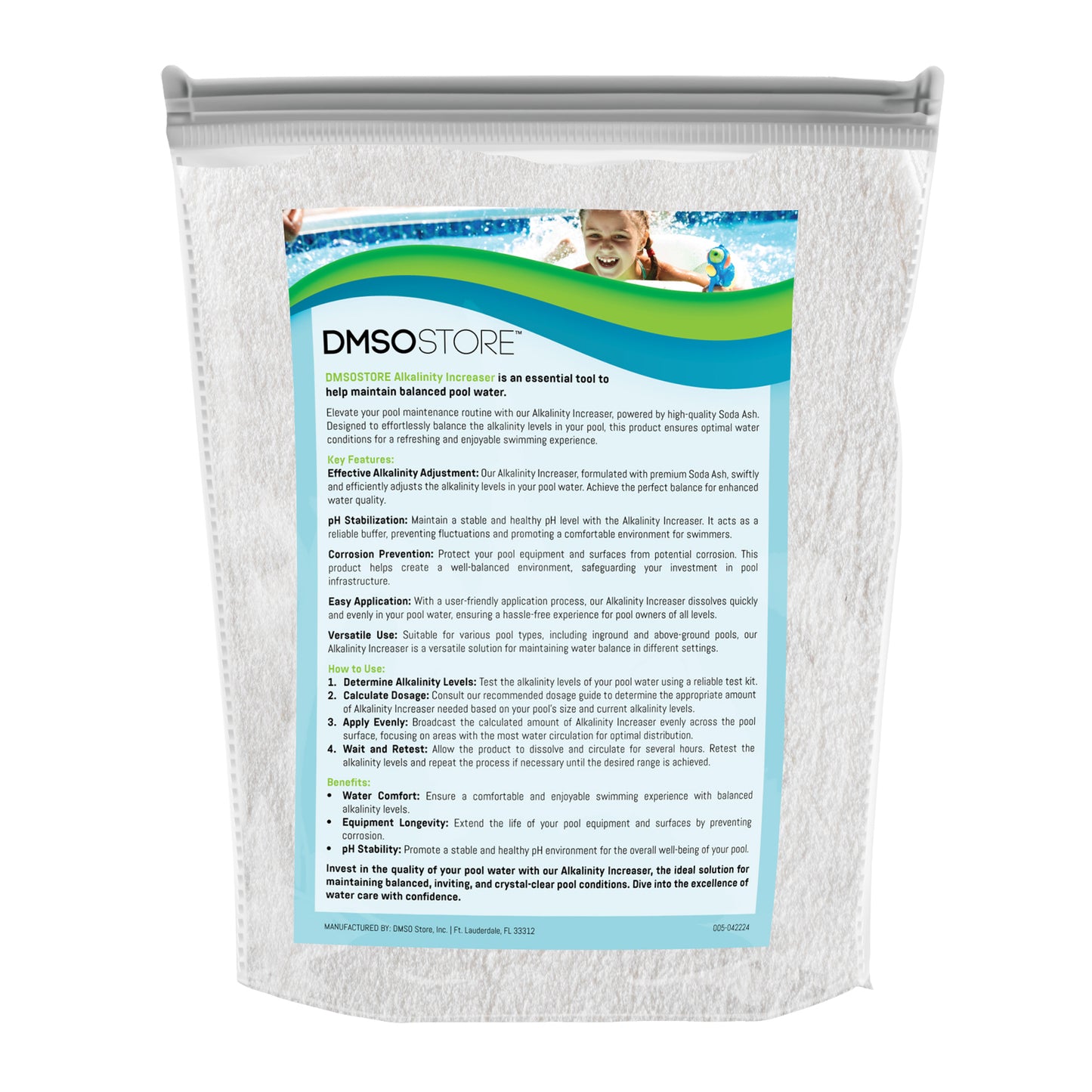 Maintain the perfect balance in your pool with our Alkalinity Increaser—a powerful solution designed to raise pH levels and alkalinity effectively. By improving water balance, enhancing the efficiency of pool chemicals, and reducing the risk of corrosion, our premium soda ash ensures a pristine, crystal-clear swimming environment for you and your family.