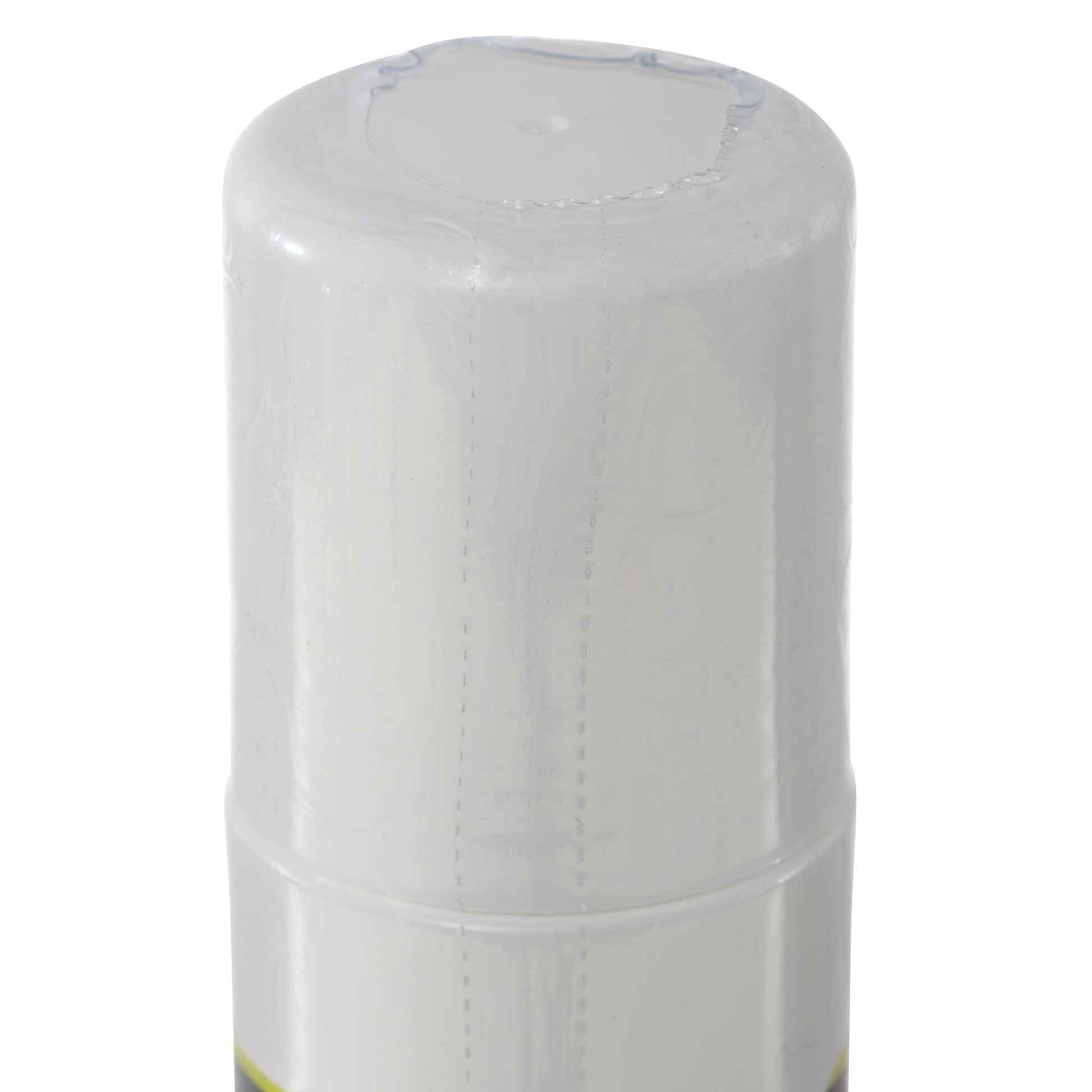 close up of white cap on 3oz roll on product. Cap is sealed with clear packaging.