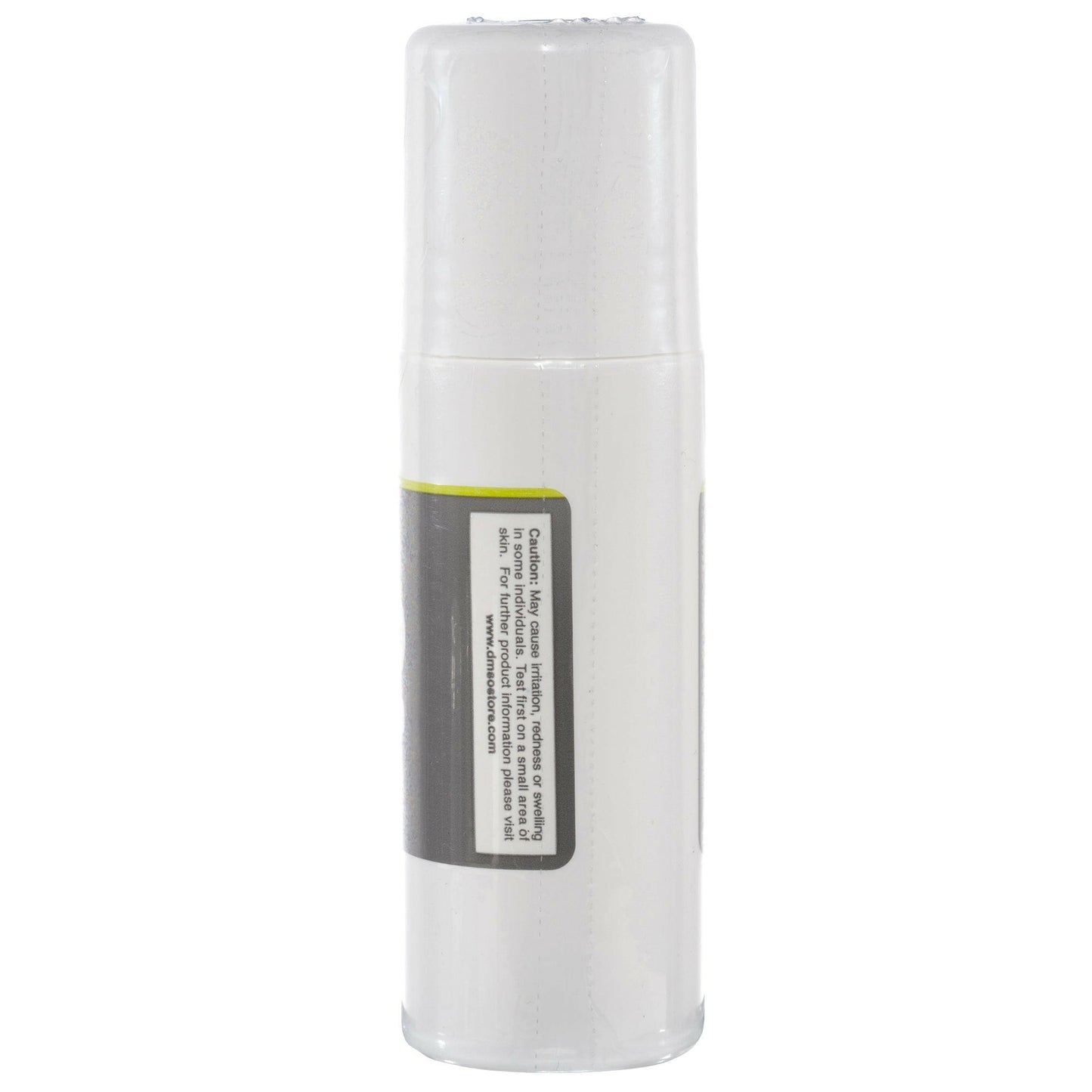 Side view of a Small white cylindrical bottle with cap screwed on. Label reads "DMSO Dimethyl sulfoxide" 3 oz