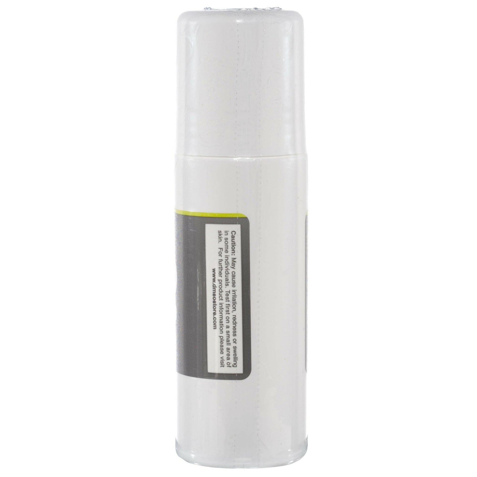 Side view of a Small white cylindrical bottle with cap screwed on. Label reads "DMSO Dimethyl sulfoxide" 3 oz
