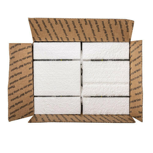 Brown cardboard box laid on the side to have a view of the inside of the box. Box contains two 8 oz DMSO glass bottles. Bottles have Styrofoam on top and bottom of bottles protecting them. Image displayed is used to show packaging of the product.