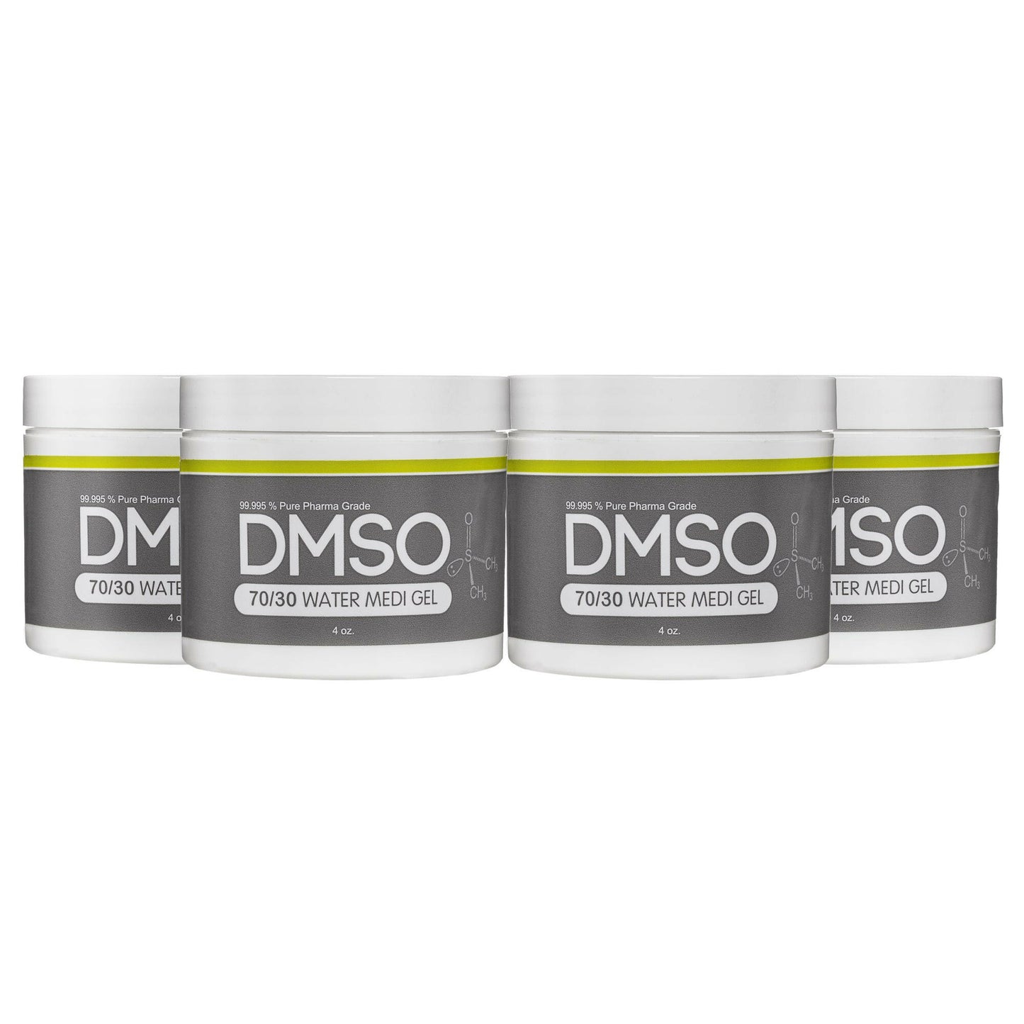 DMSO-70-30-water-gel-back-pain-solvent-4-oz-4-pack-dimethyl-sulfoxide. 4 White 4 oz jars with white twist on lid. Label reads 99.995% Pure pharma grade DMSO 70/30 water Medi Gel 4 oz