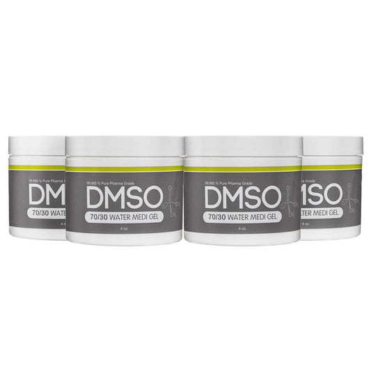 DMSO-70-30-water-gel-back-pain-solvent-4-oz-4-pack-dimethyl-sulfoxide. 4 White 4 oz jars with white twist on lid. Label reads 99.995% Pure pharma grade DMSO 70/30 water Medi Gel 4 oz
