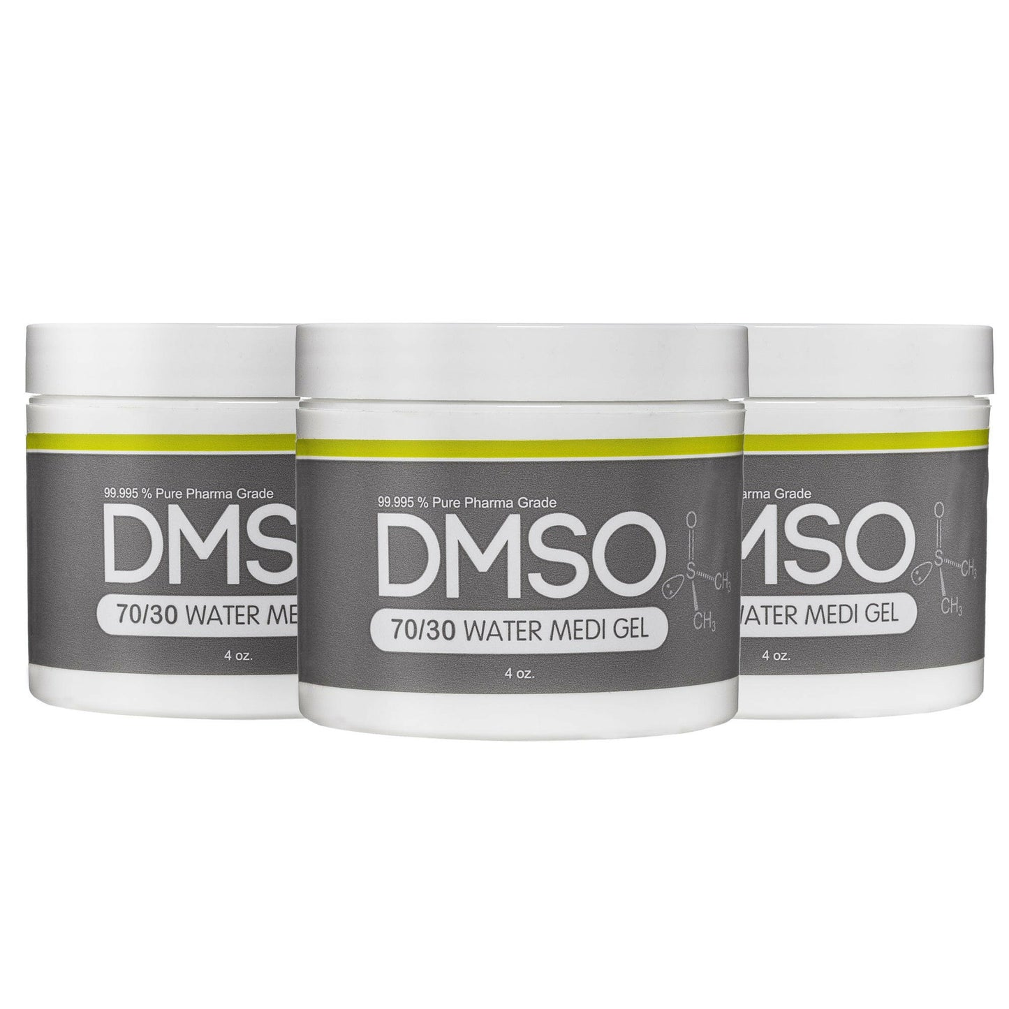 DMSO-70-30-water-gel-pain-for-sale-buy-solvent-4-oz-3-pack-dimethyl-sulfoxide. 3 White 4 oz jars with white twist on lid. Label reads 99.995% Pure pharma grade DMSO70/30 water Medi Gel 4 oz.