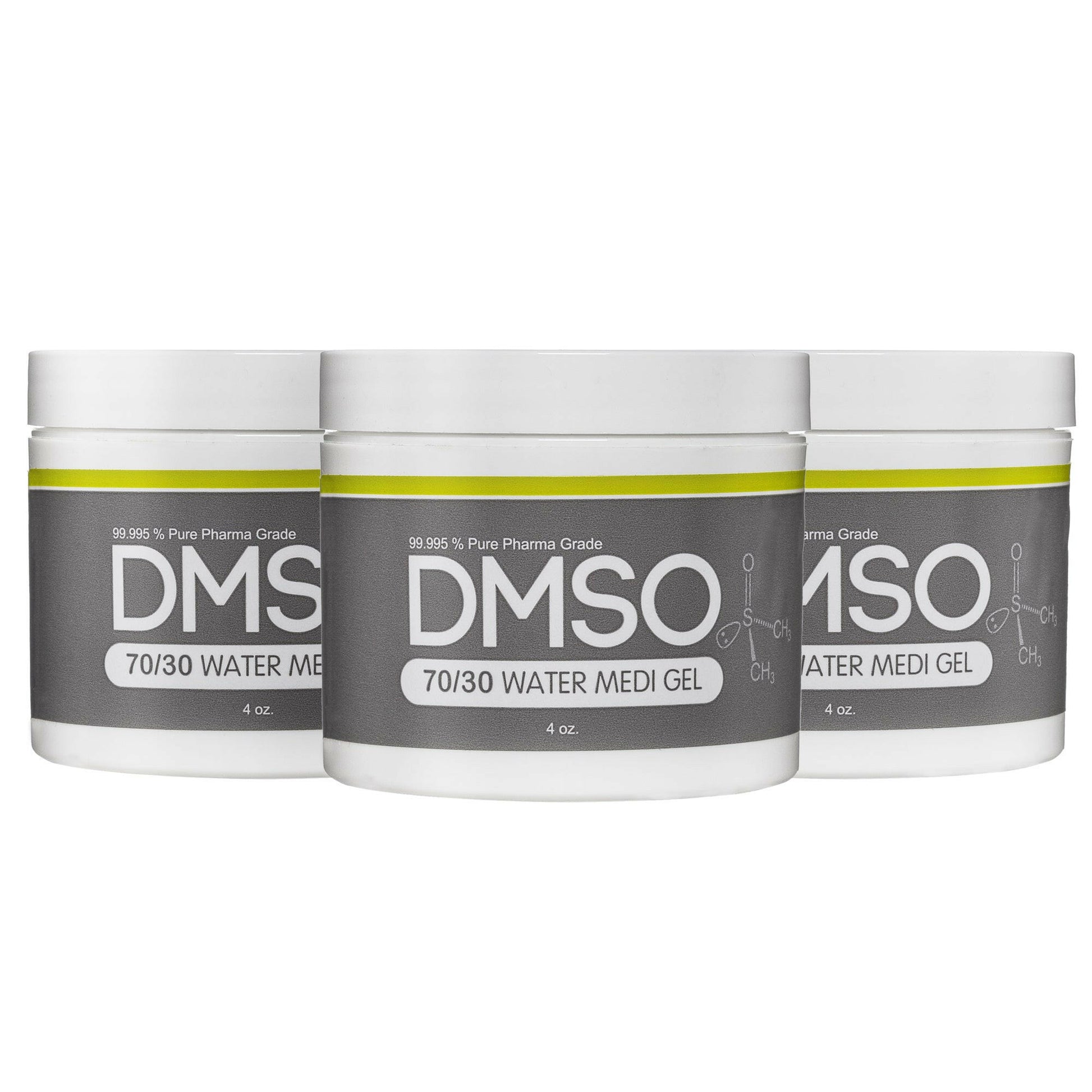 DMSO-70-30-water-gel-pain-for-sale-buy-solvent-4-oz-3-pack-dimethyl-sulfoxide. 3 White 4 oz jars with white twist on lid. Label reads 99.995% Pure pharma grade DMSO70/30 water Medi Gel 4 oz.