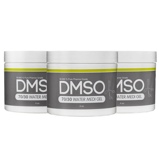 DMSO-70-30-water-gel-pain-for-sale-buy-solvent-4-oz-3-pack-dimethyl-sulfoxide. 3 White 4 oz jars with white twist on lid. Label reads 99.995% Pure pharma grade DMSO70/30 water Medi Gel 4 oz.