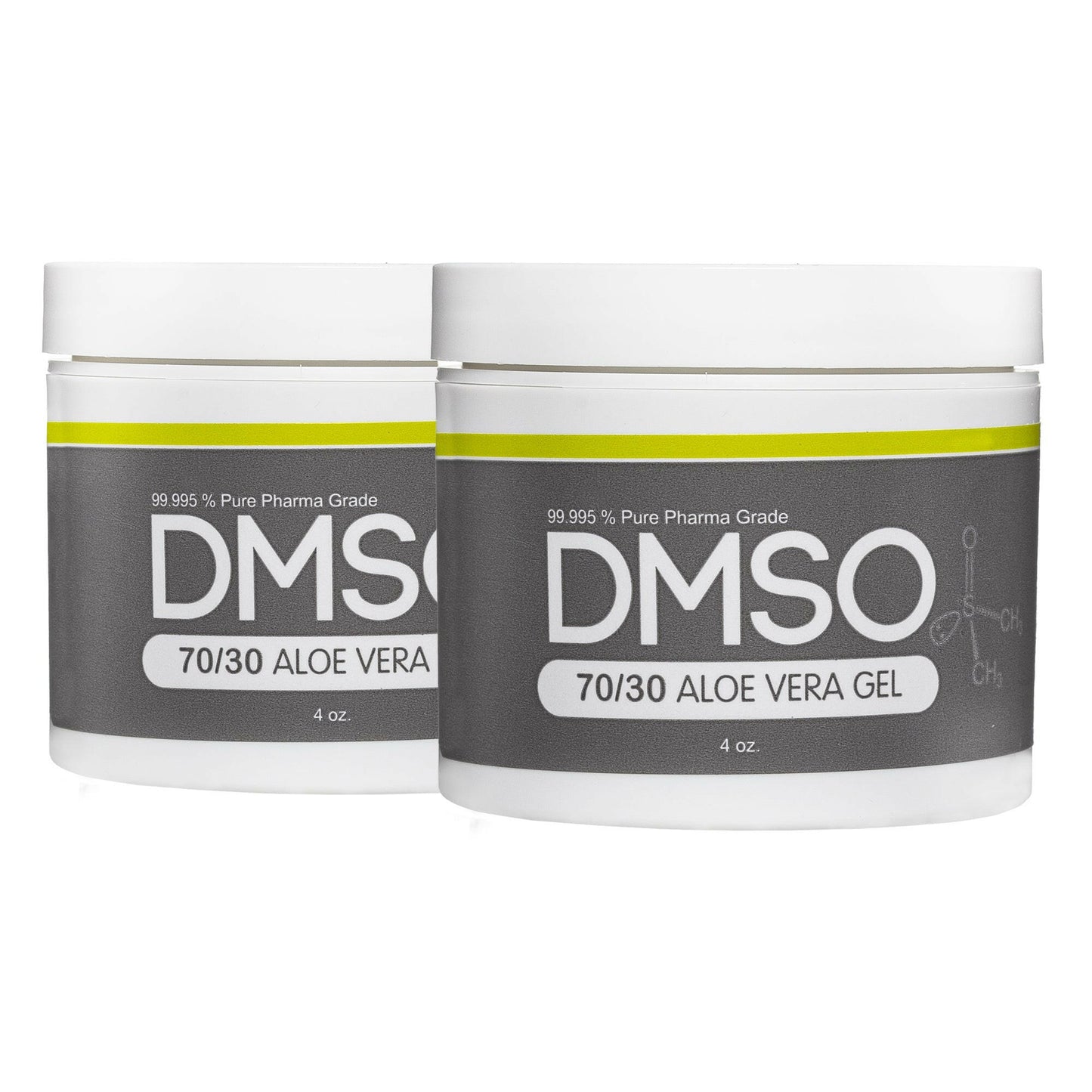 DMSO-aloe-Gel-dimethyl-sulfoxide-pharma-grade-70-30-4-oz-2-pack. White 4 oz jar with white twist on lid. Label reads 99.995% Pure pharma grade DMSO with Aloe vera Gel 4 oz
