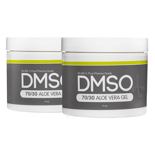 DMSO-aloe-Gel-dimethyl-sulfoxide-pharma-grade-70-30-4-oz-2-pack. White 4 oz jar with white twist on lid. Label reads 99.995% Pure pharma grade DMSO with Aloe vera Gel 4 oz