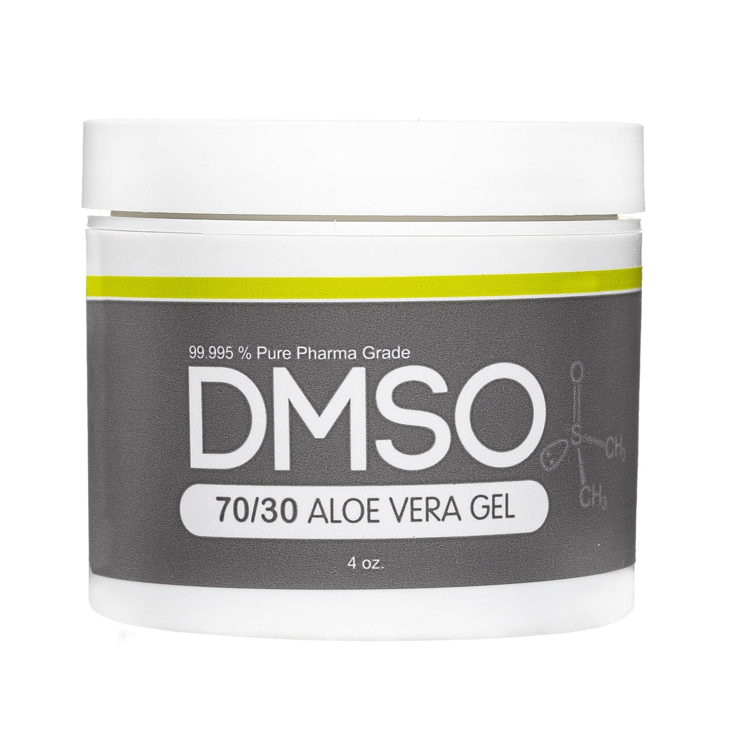 DMSO-aloe-Gel-dimethyl-sulfoxide-pure-buy-70-30-4-oz. White 4 oz jar with white twist on lid. Label reads 99.995% Pure pharma grade DMSO 70/30 Aloe Vera Gel Gel 4 oz