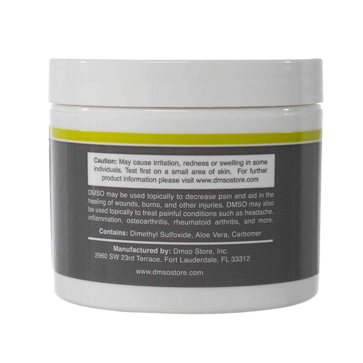 DMSO-gel-99.995-pure-dimethyl-sulfoxide-back-pain-relief-back. Back view of a DMSO medi gel jar. Back label reads: caution: May cause irritation, redness or swelling in some individuals. Test first on a small area of skin. For further product information please visit www.dmsostore.com. DMSO may be used topically to decrease pain and aid in the healing of wounds, burns and other injuries.