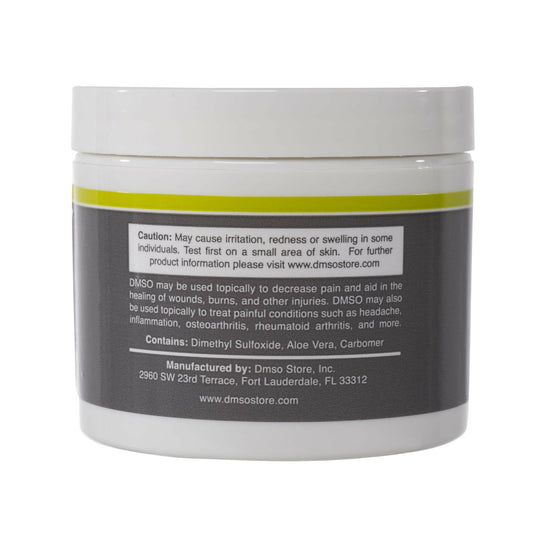 DMSO-gel-99.995-pure-dimethyl-sulfoxide-back-pain-relief-back. Back view of a DMSO medi gel jar. Back label reads: caution: May cause irritation, redness or swelling in some individuals. Test first on a small area of skin. For further product information please visit www.dmsostore.com. DMSO may be used topically to decrease pain and aid in the healing of wounds, burns and other injuries.