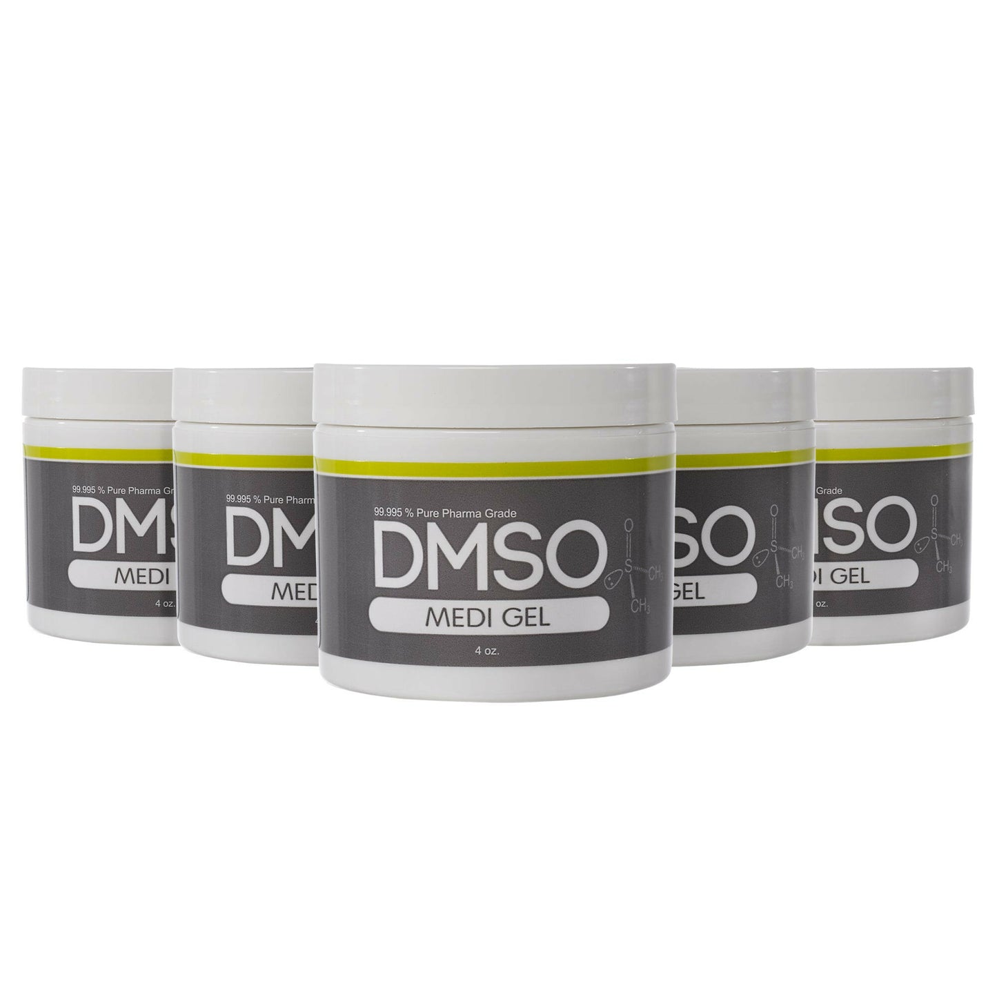 DMSO-gel-99.995-pure-dimethyl-sulfoxide-back-pain-relief-pain-4-oz-5-pack. 5 White 4 oz jars with white twist on lid. Label reads 99.995% Pure pharma grade DMSO Medi Gel 4 oz