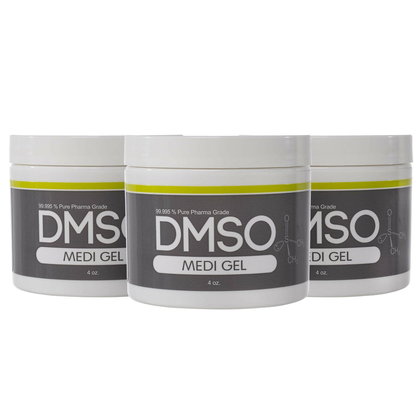 DMSO-gel-99.995-pure-dimethyl-sulfoxide-buy-store-pain-4-oz-3-pack.3 White 4 oz jars with white twist on lid. Label reads 99.995% Pure pharma grade DMSO Medi Gel 4 oz