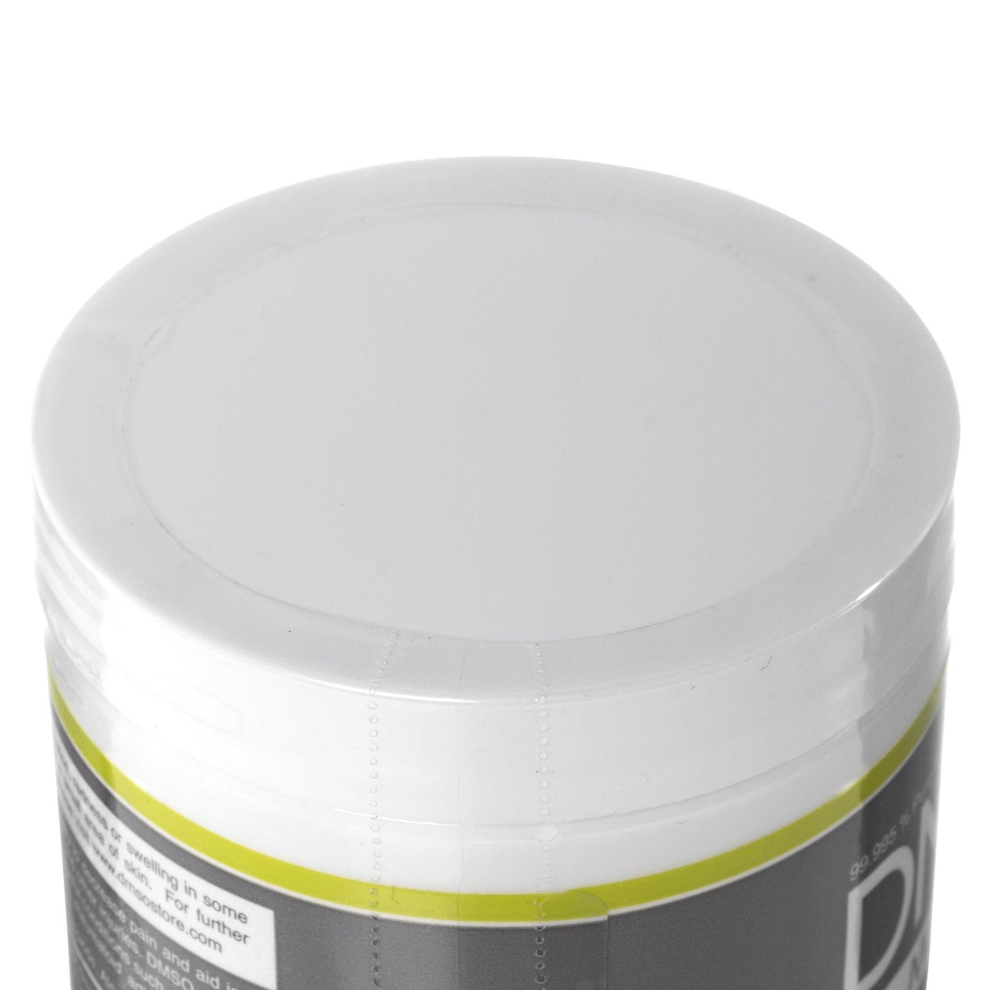 Close up of twist off white cap on 4oz white jar of DMSO medi gel.